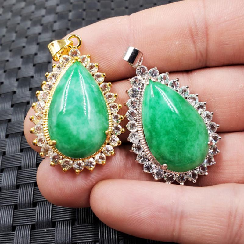 Emerald Green Jade Water Drop Pendant Necklace with Diamond Inlay Gold Version 16x26mm