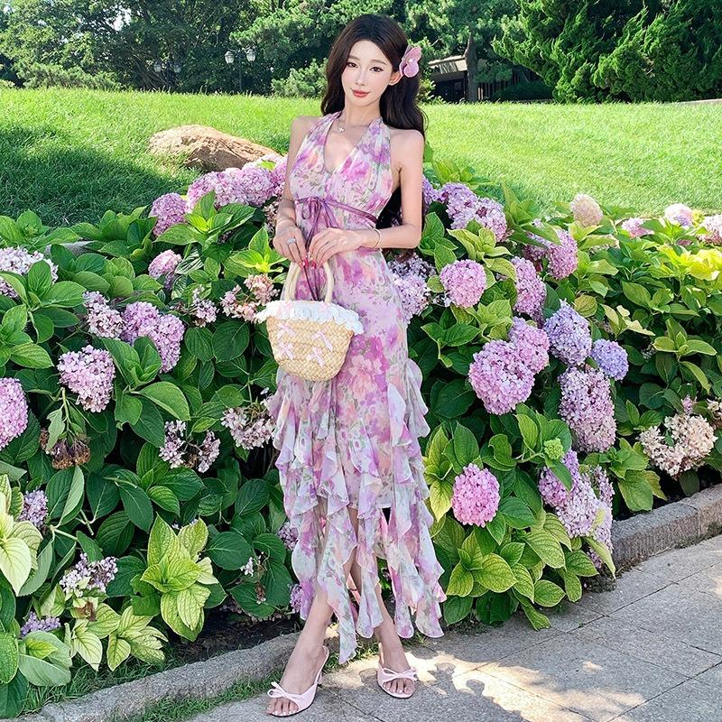 Французское Романтическое Фиолетовое Неправильное Платье с Открытой Спинкой, Красивое и Красивое, Уникальная и Красивая Талия Юбка S