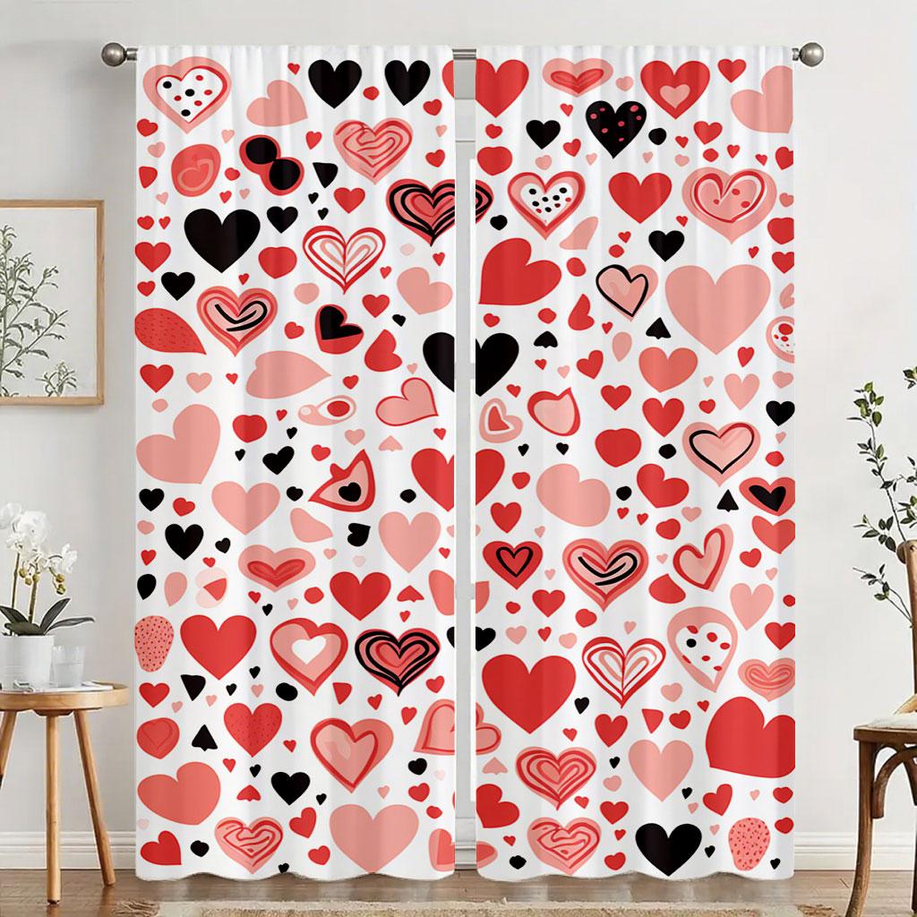 2pcs Multistyle Red & Pink Heart Pattern Curtains   Perfect for Valentine's Day Window Decor  Rod Pocket Curtains
