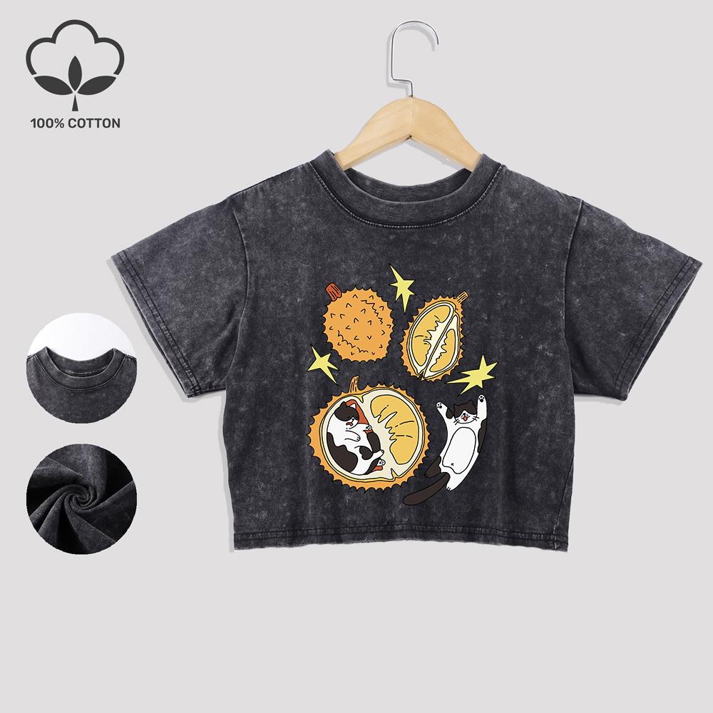 Cat Nested In Durian Printing Cotton Washed T-Shirts Fashion Summer Lace Hem Crop Tops O-Neck Regular Fit Tees Casual Clothes