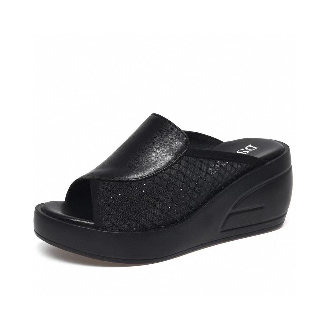 

Женские шлепанцы на толстой подошве, летние новые сандалии из сетки и коровьей кожи первого слоя, с открытым носком, на танкетке, туфли-маффины 40 чёрный