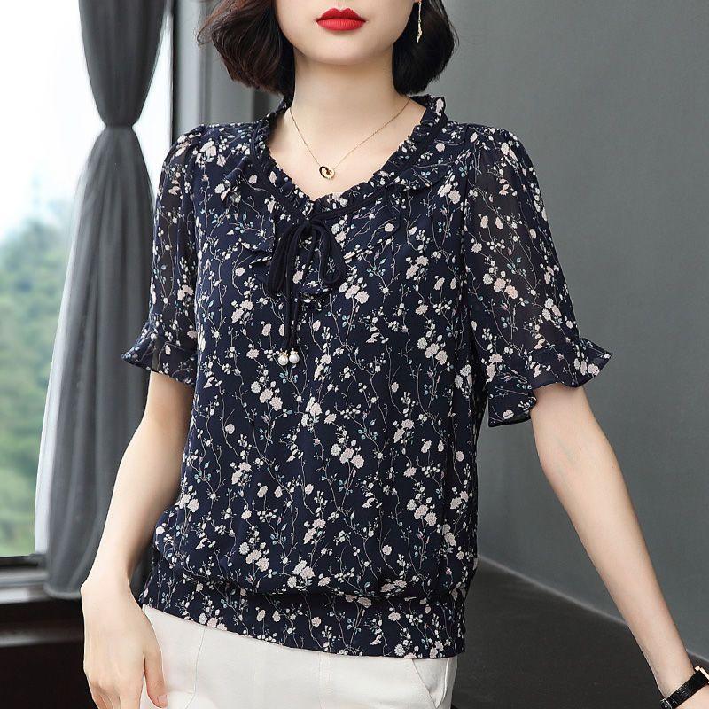 New All Match Elegant Chiffon Belly Cover Chiffon Shirt Summer New Floral Short Sleeved Korean Fashion Round Neck Popularity Top