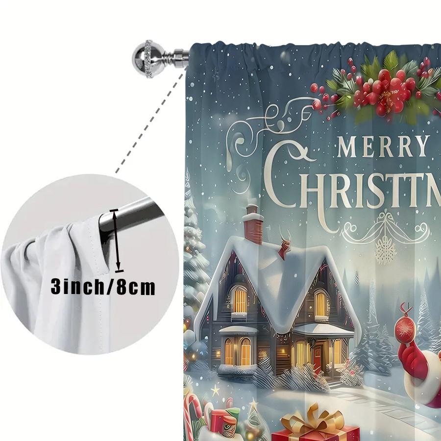 2PCS Blue Santa Claus Christmas Print Curtains, Winter Cottage House Gift Box Window Drapes for Xmas Holiday Bedroom Decor