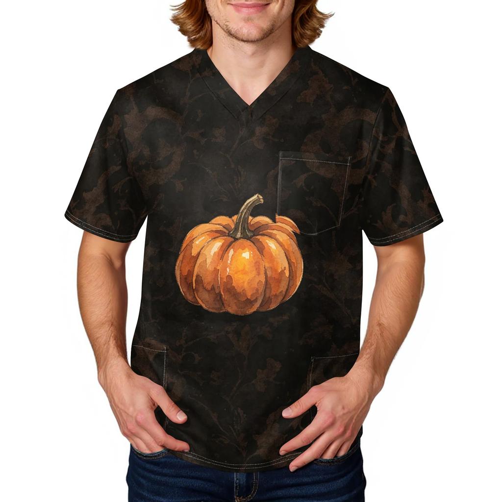 Men's Halloween Print Medical Scrub Top V Neck Tie Pocket Comfortable Fit Workwear for Healthcare Professionals Daily Use