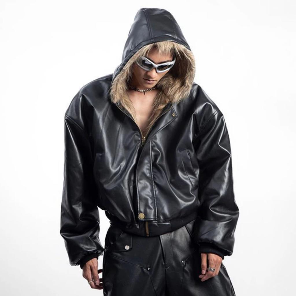 STREETRICH Pánské prošívané bundy Americký styl PU kůže Oboustranné Faux Fur Fleece Zesílené Jednobarevné Volné Pánské kabáty Trendy