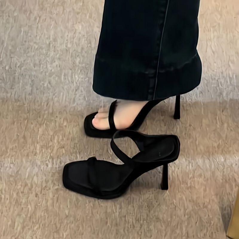 Slim heel temperament socialite black cool slippers shoes wear new summer high heels sandals