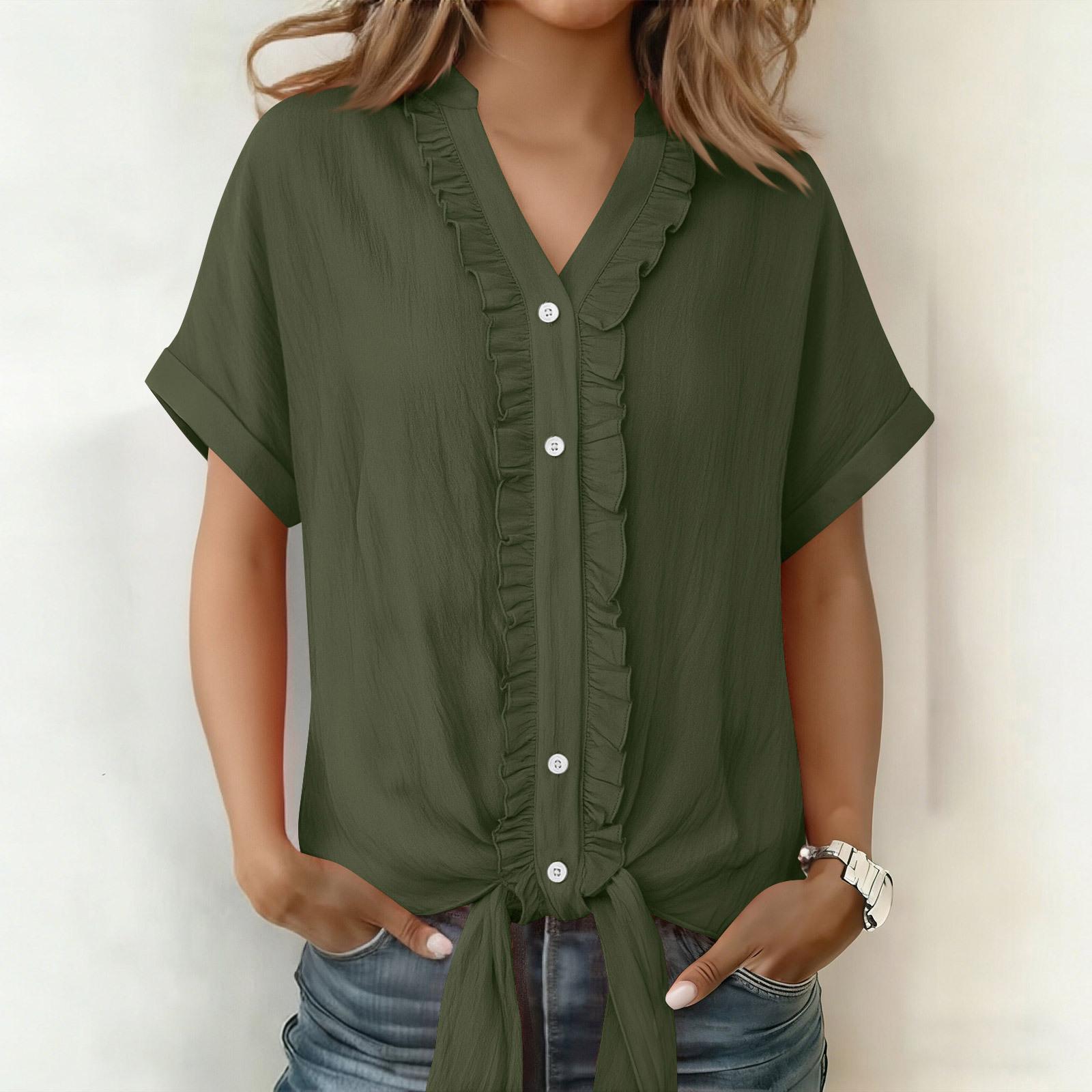 

Solid Color Cotton and Linen Casual Fungus Edge Short-sleeved Button-up Shirt for Women S армия зеленый