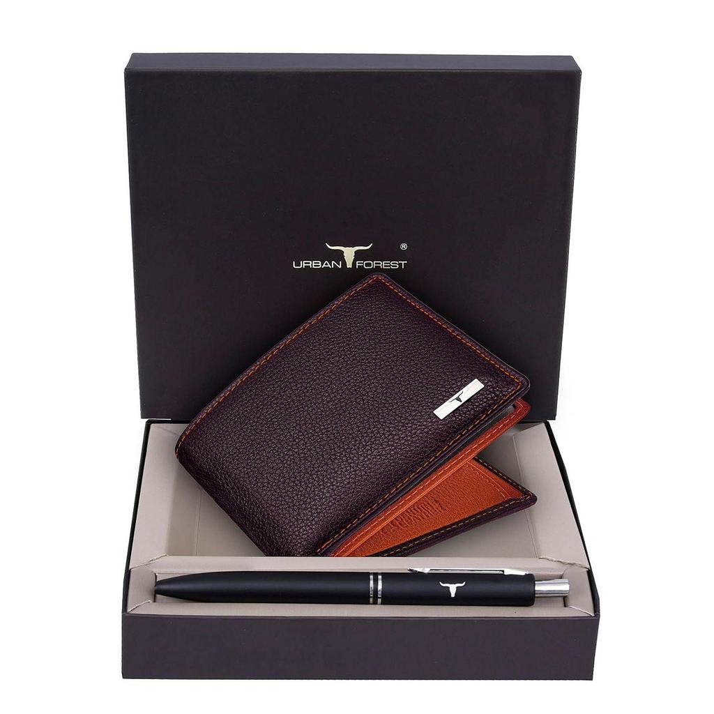 Brown/Orange Leather Wallet & Pen Combo Gift Set for Men