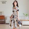 Elegant Plus Size V-Neck Printed A-Line Midi Dress