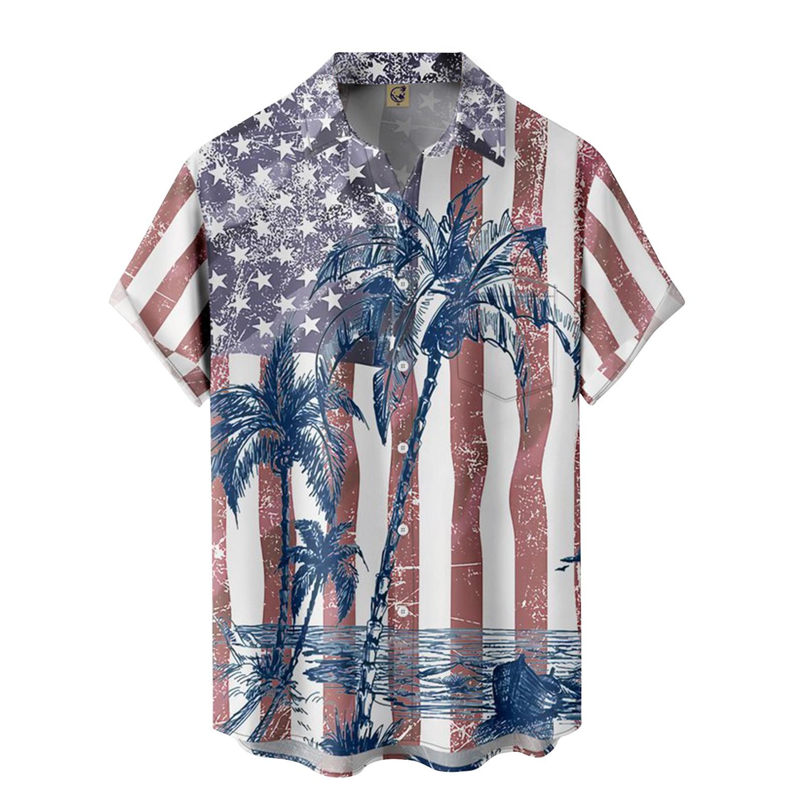 

(Куниде) Мужские гавайские рубашки с короткими рукавами и лацканами, рубашки с принтом флага ко Дню независимости L белый
