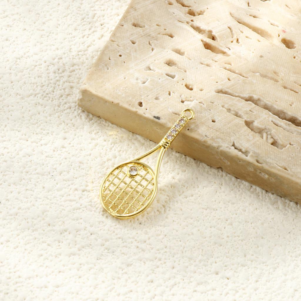 2PCs Brass Sport Pendants 18K Gold Plated Tennis Racket Hollow Clear Cubic Zirconia Charms For DIY Necklace Making 3.2cm x 1.3cm