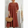 Estate Nuovo Solido Donna Abito Casual Taglia Forte Moda Manica a Lanterna Abiti Ampi Femminile Retro Cotone e Lino Tasca Signore Abito Lungo 24513