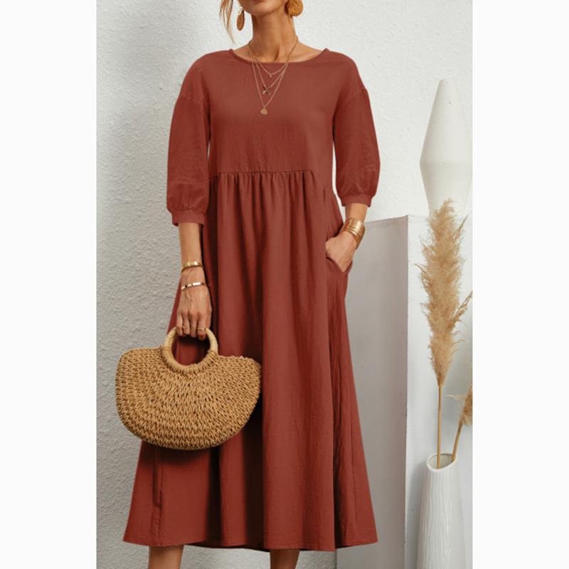 Estate Nuovo Solido Donna Abito Casual Taglia Forte Moda Manica a Lanterna Abiti Ampi Femminile Retro Cotone e Lino Tasca Signore Abito Lungo 24513