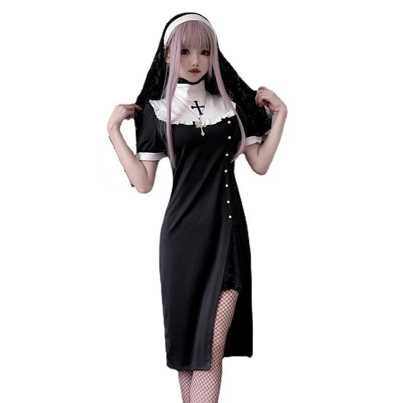Halloween Kostüm Damenkleid Vampir Nonne Kleid Kreuzkleid Dunkles Goth Kostüm