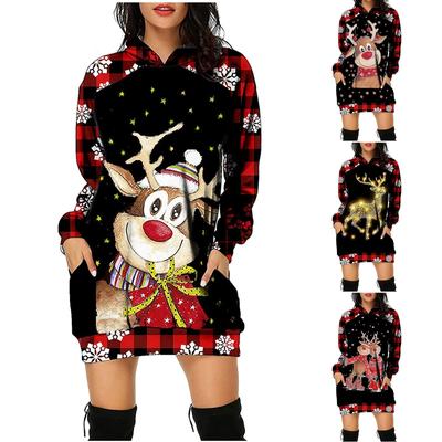 Fashion Casual Women's Christmas  Printed Long Sleeve Hooded Pullover Dress Top