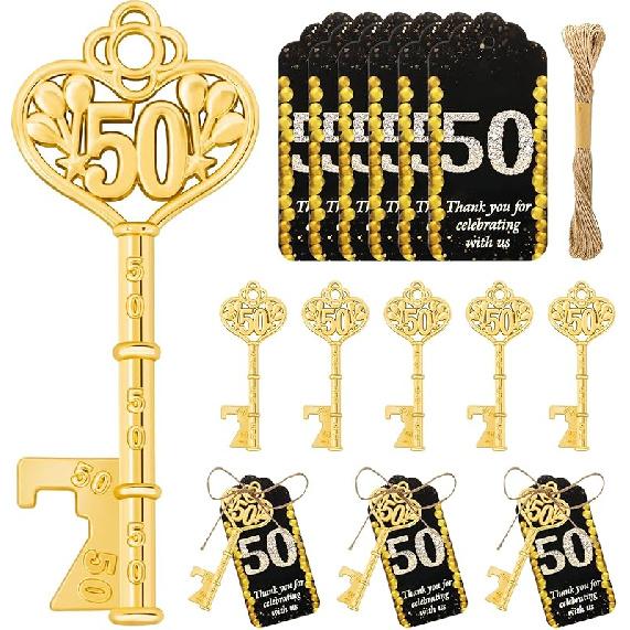 50Pcs 50th Gold Key Bottle Opener 50th Birthday Party Favors, 50th Anniversary Souvenirs Return Gifts 50th Key Beer Bottle Opener With Thank You