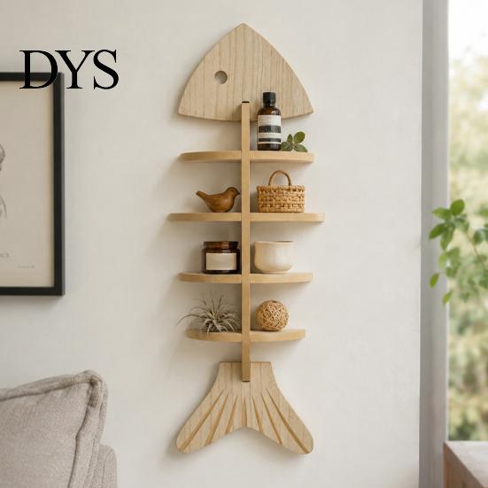 Small Apartment Space Saving Shelf Fish Bone Storage Rack, Wood Wall Mounted Floating Shelf, Ocean Style Bathroom Organizer for Aromatherapy