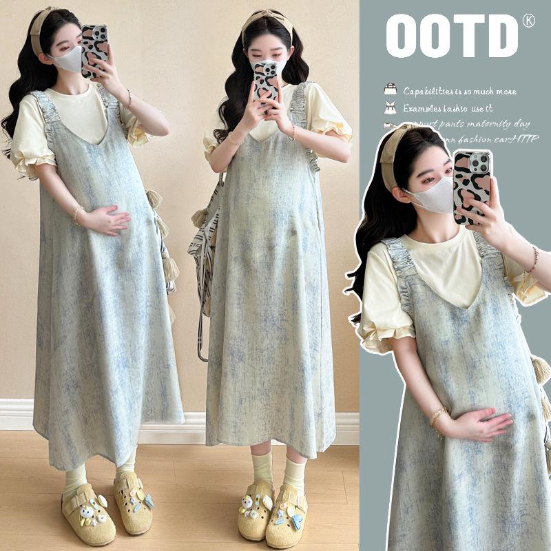 Blue Tie-Dye Maternity Overalls – Women s Mid-length Summer Two-Piece Set 2XL
