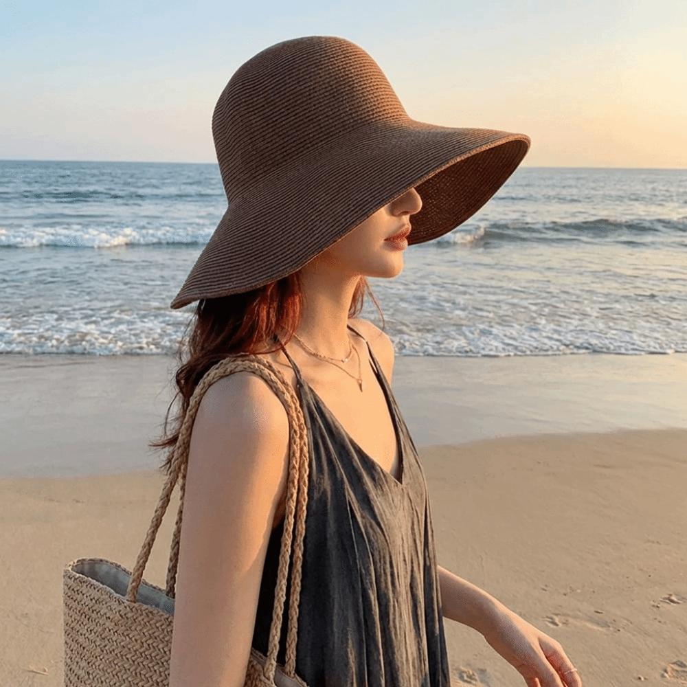 Solid Color Weave Bucket Hat Breathable Women's Sun Visor Hats Wide Brim Straw Hat Women Girls