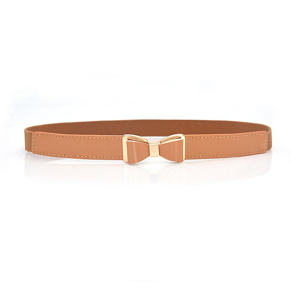 Lady Simple Elastic Thin Waistband Bowknot Interlock Buckle PU Leather Belt Cummerband