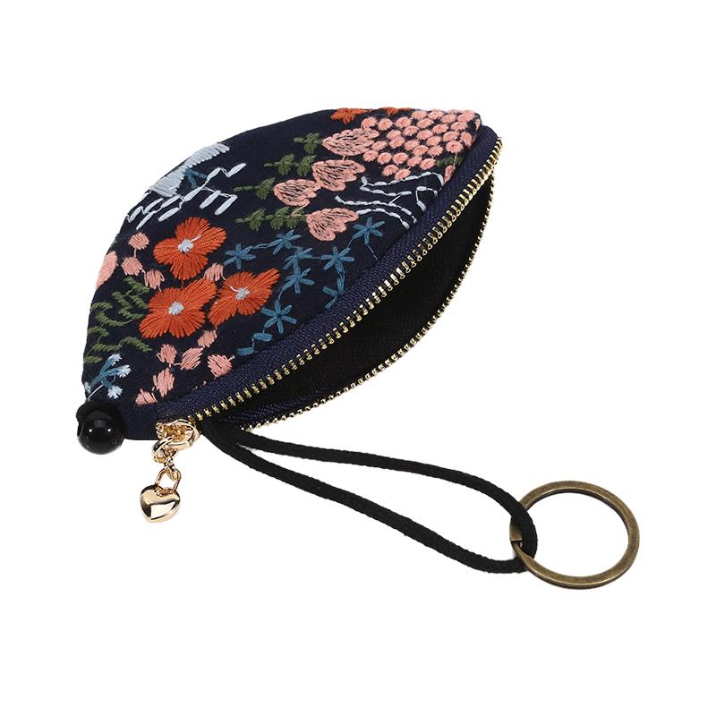 New Embroidered Mini Coin Purse Small Cotton Keychain Pendant Pouch Zipper Car Key Bag Portable Ethnic Flower Style Bag for Girl