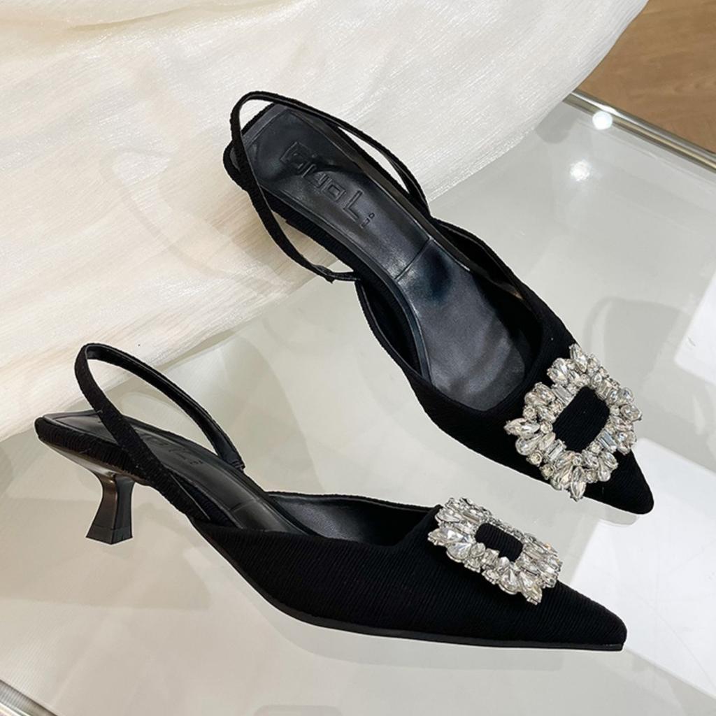 Baotou Sandals Women's Stiletto Summer Design Sense Fairy Wind Word with Rhinestone Pointed Temperament High Heels Women
