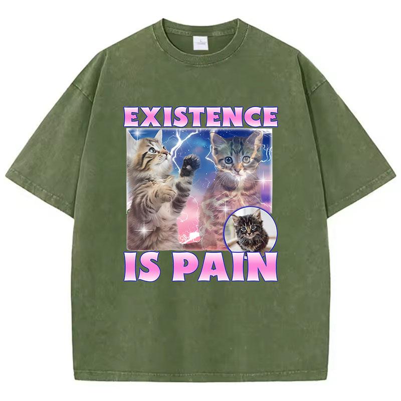 

Existence Is Pain Cat T Shirt Vintage Washed Cotton TShirt Graphic Tee Casual Streetwear for Spring Summer Fall S