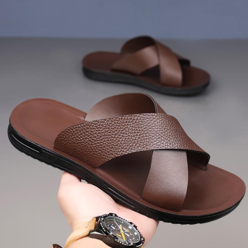 Fashion Comfort Artificial Leather Slippers for Men Casual Beach Shoes Flats Versatile Design Durable Quality Rubber Soft Sole Slippers