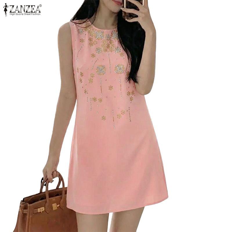 ZANZEA Women Casual Round Neck Sleeveless Print Dress