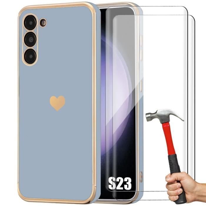 Case + Tempered Glass - Booling - for Samsung Galaxy S23 - Hybrid Silicone - Shockproof - Golden Heart Pattern