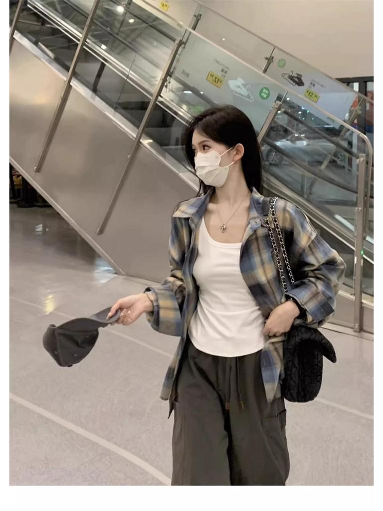 Korean Style Plaid Turn-Down Collar Long Sleeve Women's Shirt - Spring/Summer Casual Loose Mid-Length Sun Protection Top