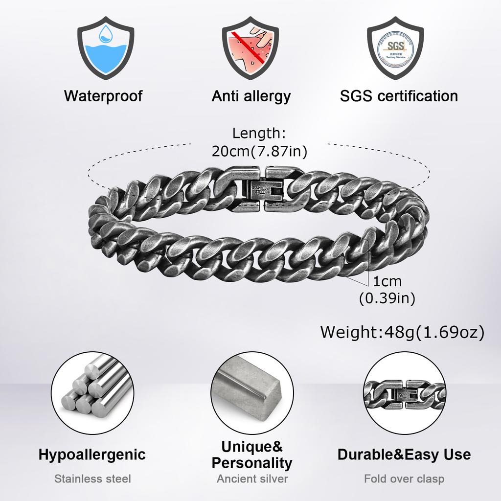 Retro Bransoletki Męskie Łańcuch Kubański, Vintage Antyczna Stal Nierdzewna Płaski Ogniwo Kopułowe, Rock Punk Stylowe Prezenty z Cyrkoniami