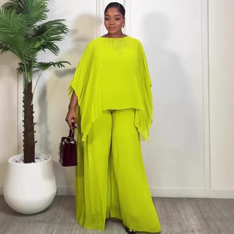 European and American temperament fashionable loose long-sleeved design irregular top wide-leg trousers African casual women's suit