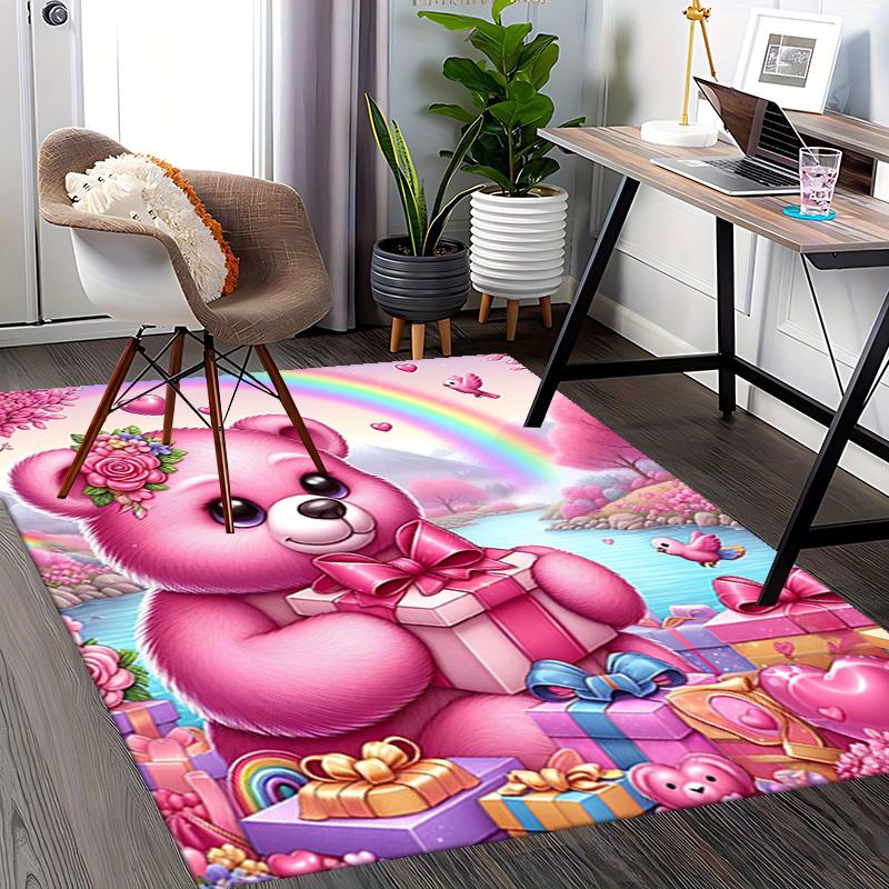 1pc Pink Teddy Bear with Flowers Chair Mat - Anime Cartoon Design, Festival Gift, Non-Slip Carpet for Office and Home Decor, Suitable for All Seasons.