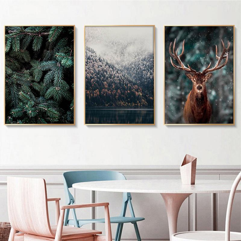 Nordic Poster Nature Landscape Canvas Painting Wall Art Mountain Lake Deer Print Decorative Pictures for Living Room Home Decor