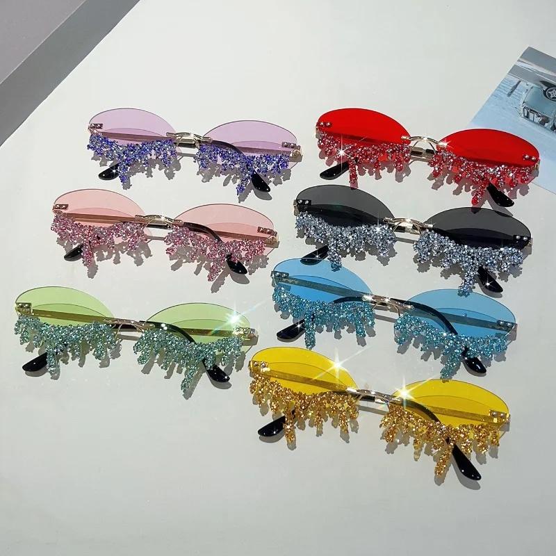 Rimless Tear Shaped Sunglasses with Rhinestones Women Fashion Decorative Shades Trendy Stylish Design Rave Sun Glasses