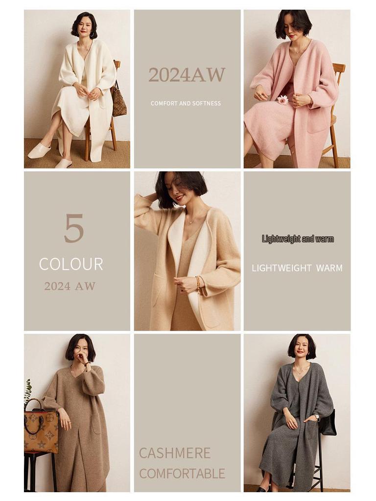 Versatile Cashmere Long Coat: Round Neck, Buttonless, Mid-Length, Stylish and Casual, Long-Sleeved Outerwear for Autumn/Winter.