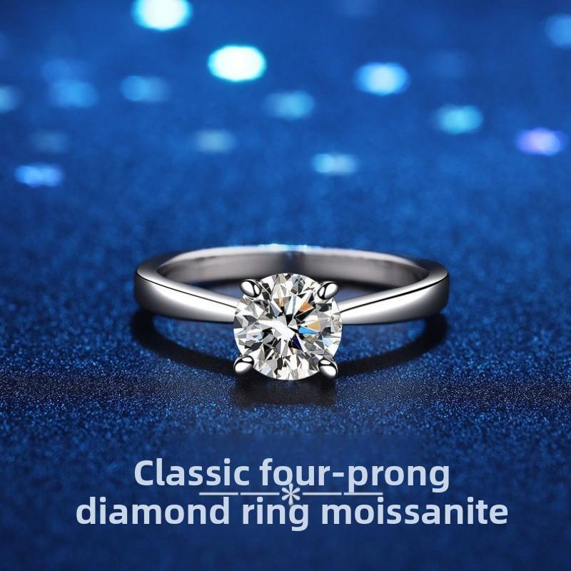 S925 sterling silver moissanite ring women's four-claw ring live simple platinum-plated holiday jewelry gift