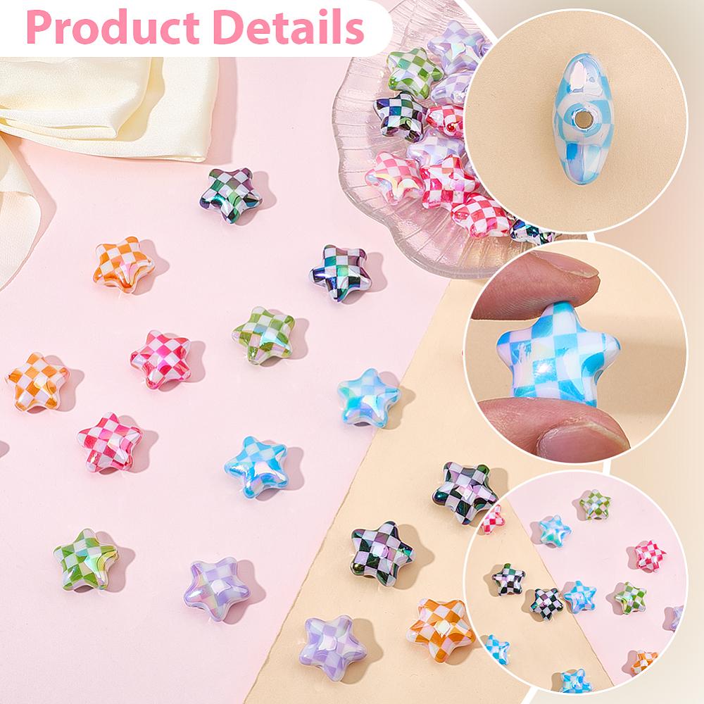 50Pcs UV Plating Opaque Acrylic Beads Iridescent Star with Check Pattern Mixed Color 20.5~21x22x10.5mm Hole: 2.8mm