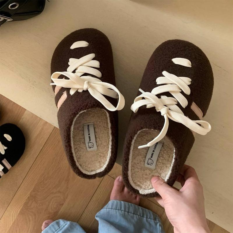 

Женские ленивые шерстяные туфли на шнуровке, верхняя одежда на толстой подошве, домашние хлопковые тапочки Fits 36-37 темно-коричневого