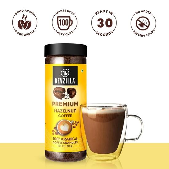 Bevzilla 200 Gram Hazelnut Flavoured Instant Coffee Powder Jar|Make 100 Cups|Arabica Beans|Best for Espresso, Latte & Cappucino