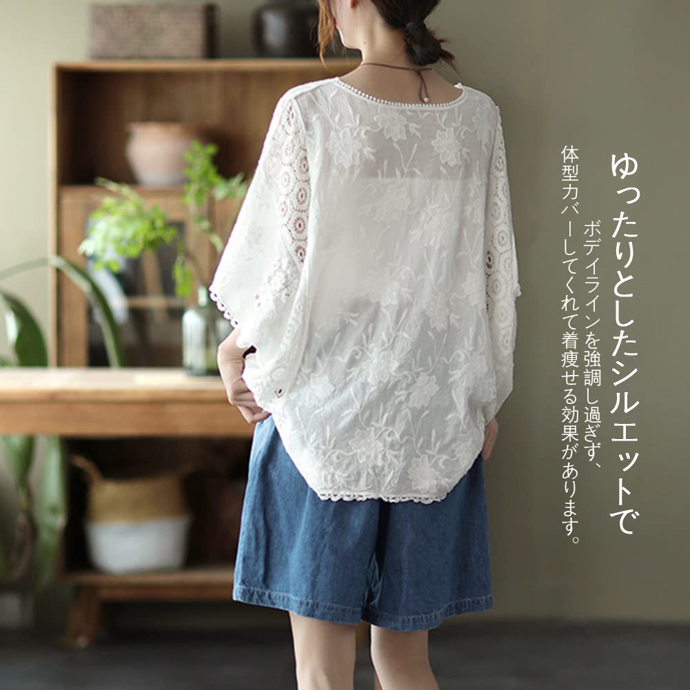Lace Dolman Short UV Air Conditioning Loose Covers Body Adult Everyday Summer [Bidason] Women's Blouse, Shirt, Sleeve, V-Neck, Sleeve, Cotton,