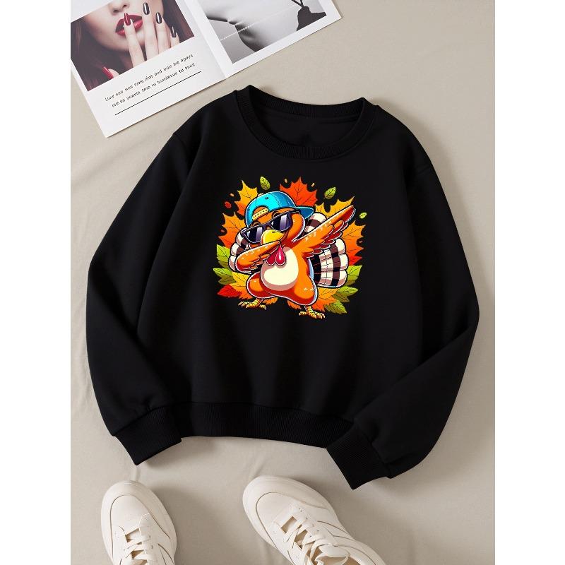 Cool Turkey Dabbing Autumn Leaves Girls' Crew Neck Fashion Sweatshirt, Autumn and Winter Western Style Top, Children's Long Sleeved T-shirt