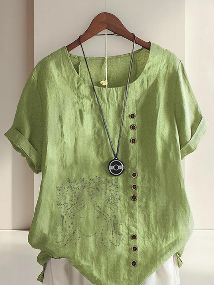 

Women s Fashion Black Line Lady Print Casual Cotton Linen Short Sleeve Round Neck T-shirt Shirt Leisure Loose Summer Blouse Tops 5XL зелений