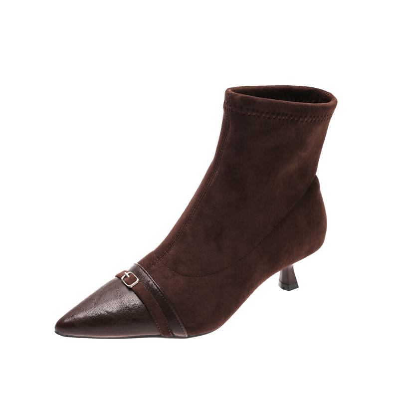 

Retro Paneled Metal Buckle Booties Fashion Pointed Toe Flannelette Rear Zipper Non Slip on Stiletto Everyday Use 40