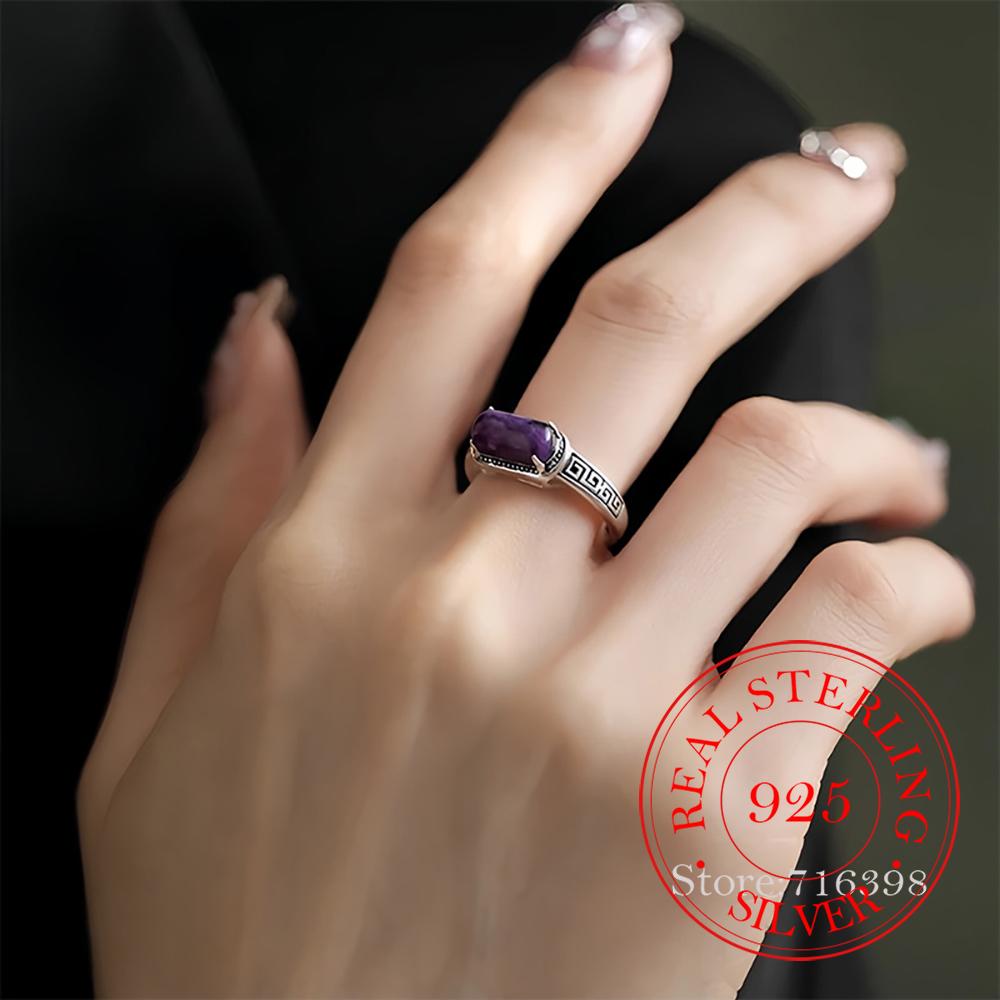 

925 Sterling Silver Jewelry Vintage Purple Jade Open Finger Rings for Women Wedding Party Jewelry For Girls Friend Gift resizable