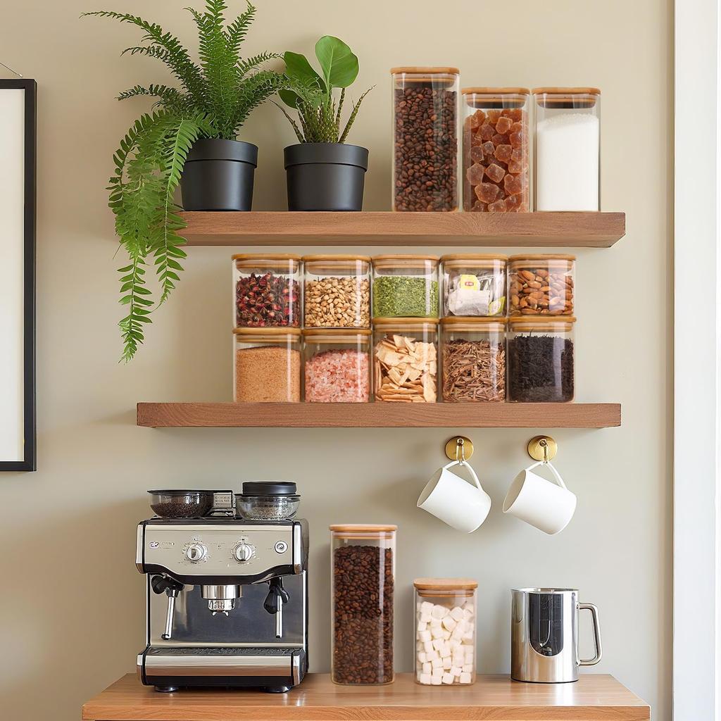 ComSaf Coffee Canisters, 1100ml, Airtight Glass Storage Containers with Bamboo Lids, Perfect for Flour, Grains, Beans, Tea, and Nuts, Set of 4, Gift