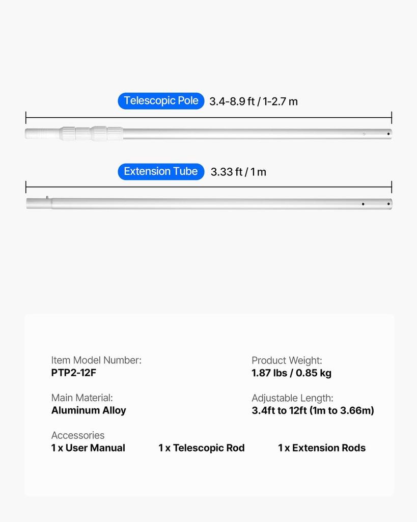 Pool Pole, 1 to 3.65 mm Telescoping Swimming Pool Cleaning Poles, Professional Adjustable Telescopic Pole with Extension Pole, Heavy Duty Cleaner