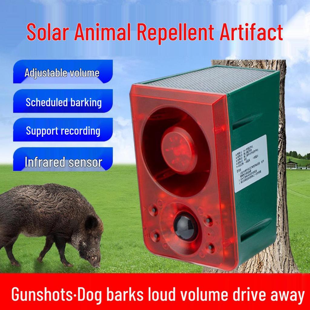 Solarbetriebener Wildschrecken: Tierabwehr für den Außenbereich mit Hundegebell, Schussgeräuschen, Infrarot-Bewegungssensor & zeitgesteuertem Blinklicht