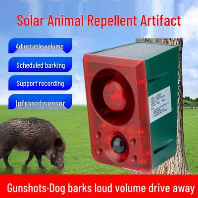 Espanta-javalis movido a energia solar: Repelente de animais para uso externo com sons de latido de cachorro, tiros, sensor de movimento infravermelho e luz intermitente temporizada.